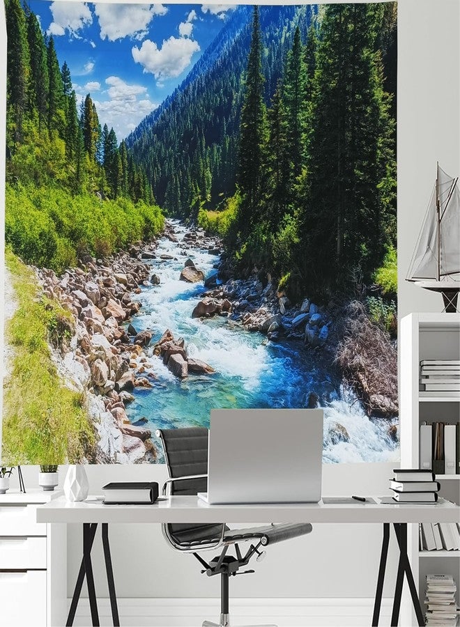TUGCAY Nature Forest Mountain Tapestry Green Pine Tree Stream Tapestry White Clouds Flowing River Valley Landscape Scenery Tapestries Wall Hanging for Bedroom Dorm Living Room Office Classroom 60 x 40 Inch - Image 5
